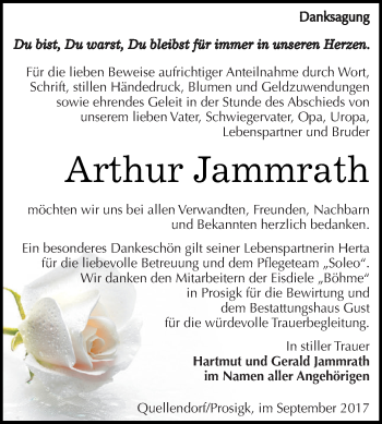 Traueranzeige von Arthur Jammrath von WVG - Wochenspiegel Dessau / Köthen