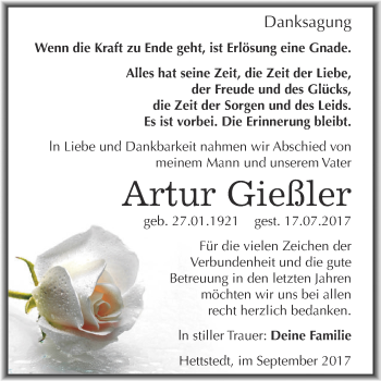 Traueranzeige von Artur Gießler von Super Sonntag SGH Mansf. Land