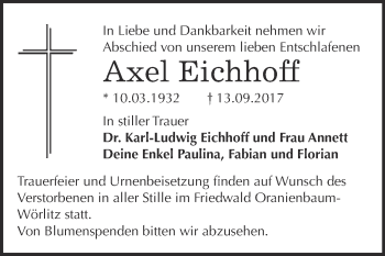 Traueranzeige von Axel Eichhoff von WVG - Wochenspiegel Bitterfeld
