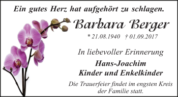 Traueranzeige von Barbara Berger von Mitteldeutsche Zeitung Dessau-Roßlau