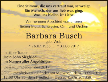 Traueranzeige von Barbara Busch von Mitteldeutsche Zeitung Dessau-Roßlau