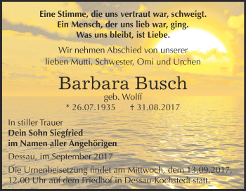 Traueranzeige von Barbara Busch von WVG - Wochenspiegel Dessau / Köthen