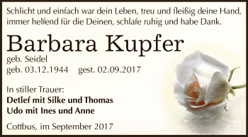 Traueranzeige von Barbara Kupfer von WVG - Wochenspiegel NMB / WSF / ZTZ