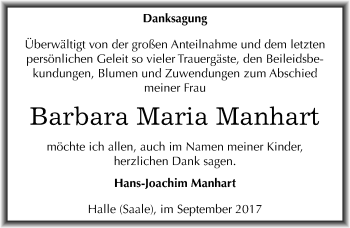 Traueranzeige von Barbara Maria Manhart von Mitteldeutsche Zeitung Halle/Saalkreis