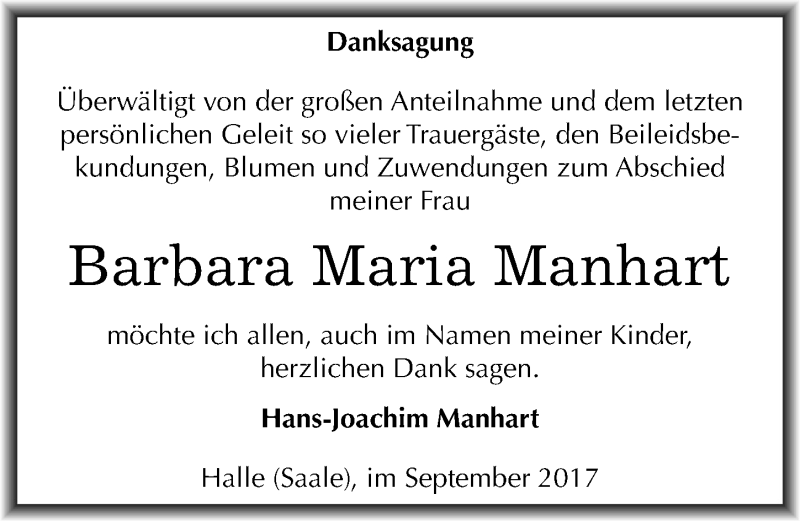  Traueranzeige für Barbara Maria Manhart vom 30.09.2017 aus Mitteldeutsche Zeitung Halle/Saalkreis
