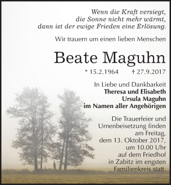 Traueranzeige von Beate Maguhn von Mitteldeutsche Zeitung Köthen