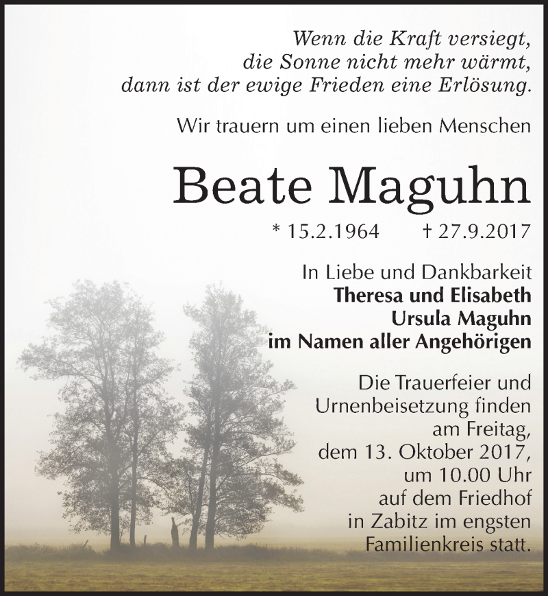  Traueranzeige für Beate Maguhn vom 30.09.2017 aus Mitteldeutsche Zeitung Köthen