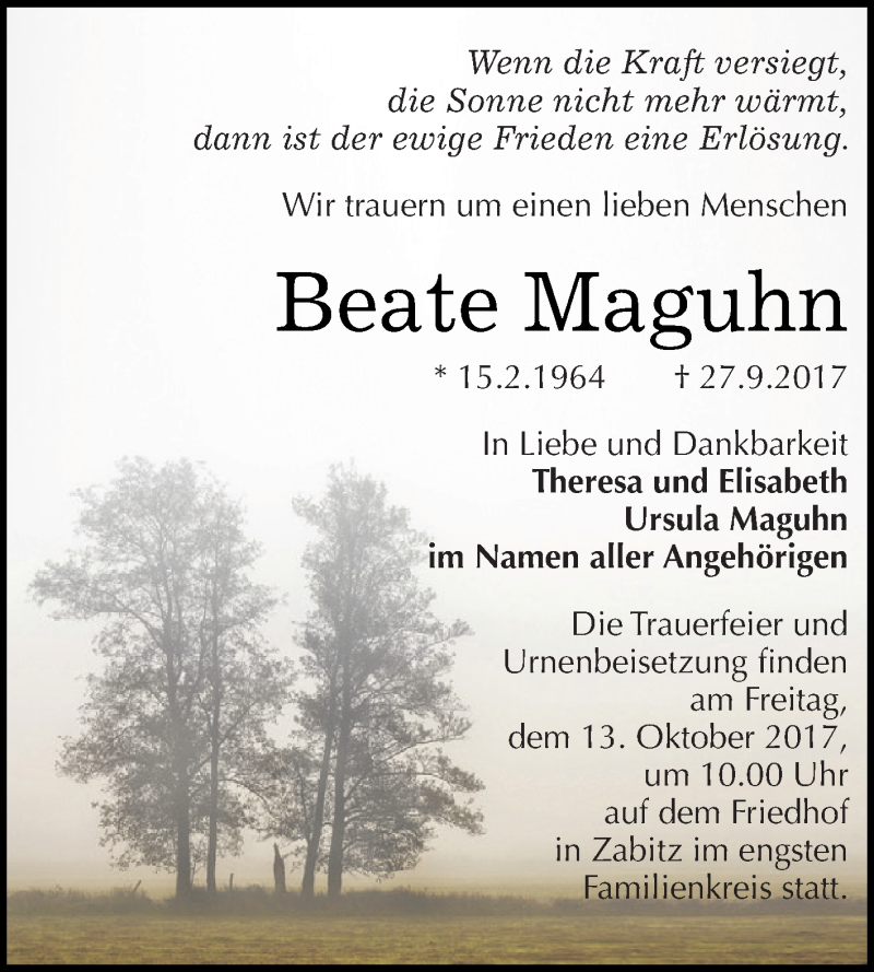  Traueranzeige für Beate Maguhn vom 30.09.2017 aus WVG - Wochenspiegel Dessau / Köthen