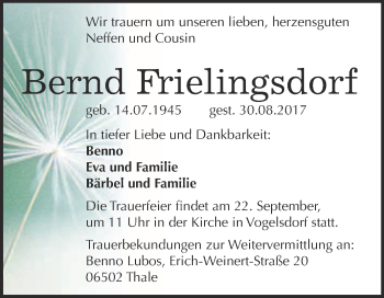 Traueranzeige von Bernd Frielingsdorf von Super Sonntag Quedlinburg