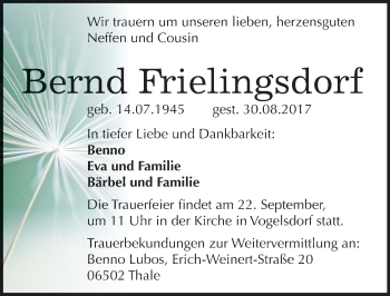 Traueranzeige von Bernd Frielingsdorf von Mitteldeutsche Zeitung Quedlinburg