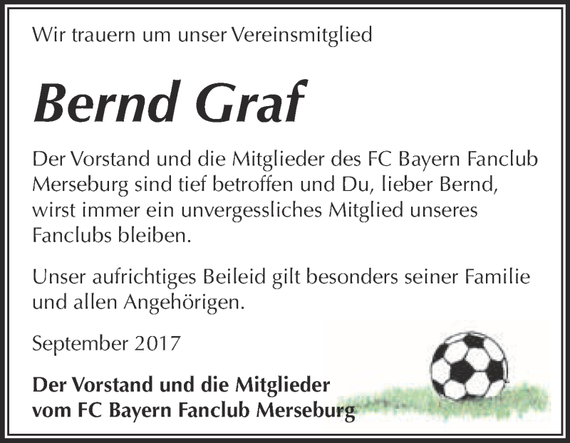  Traueranzeige für Bernd Graf vom 30.09.2017 aus Super Sonntag Merseburg
