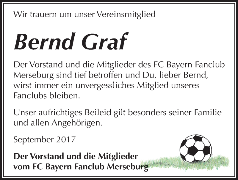  Traueranzeige für Bernd Graf vom 30.09.2017 aus Mitteldeutsche Zeitung Merseburg/Querfurt