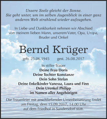 Traueranzeige von Bernd Krüger von WVG - Wochenspiegel Bitterfeld