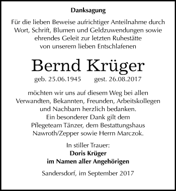 Traueranzeige von Bernd Krüger von Mitteldeutsche Zeitung Bitterfeld
