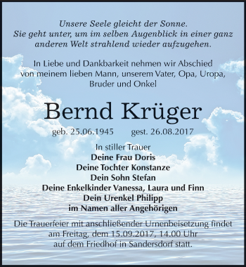 Traueranzeige von Bernd Krüger von Mitteldeutsche Zeitung Bitterfeld