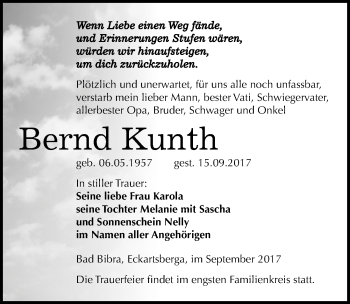 Traueranzeige von Bernd Kunth von Mitteldeutsche Zeitung Naumburg/Nebra