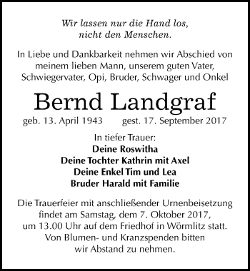 Traueranzeige von Bernd Landgraf von Mitteldeutsche Zeitung Halle/Saalkreis