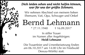 Traueranzeige von Bernd Lehmann von Mitteldeutsche Zeitung Dessau-Roßlau