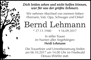 Traueranzeige von Bernd Lehmann von WVG - Wochenspiegel Dessau / Köthen