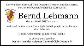 Traueranzeige von Bernd Lehmann von WVG - Wochenspiegel Dessau / Köthen