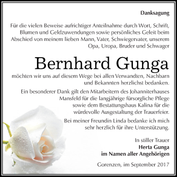 Traueranzeige von Bernhard Gunga von Super Sonntag SGH Mansf. Land