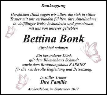 Traueranzeige von Bettina Bonk von WVG - Wochenspiegel Quedlinburg