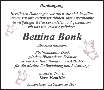 Traueranzeige von Bettina Bonk von Mitteldeutsche Zeitung Aschersleben