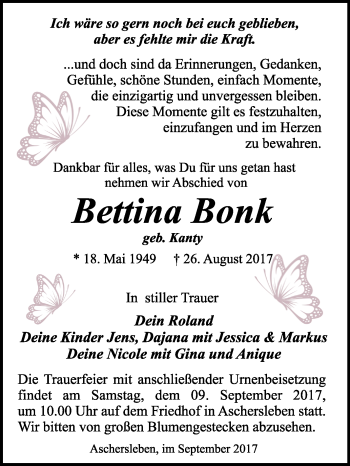 Traueranzeige von Bettina Bonk von WVG - Wochenspiegel Quedlinburg