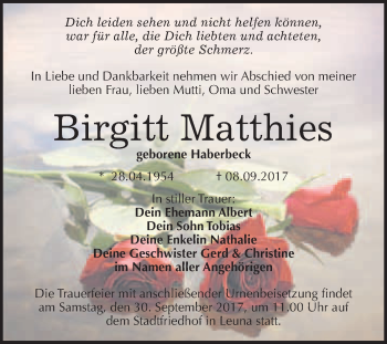 Traueranzeige von Birgitt Matthies von WVG - Wochenspiegel Merseburg