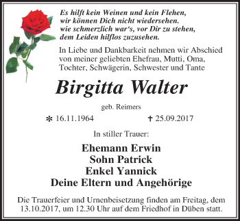 Traueranzeige von Birgitta Walter von Mitteldeutsche Zeitung Wittenberg