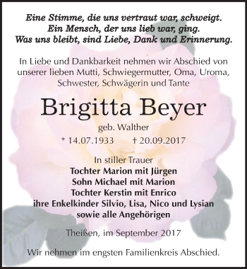 Traueranzeige von Brigitta Beyer von Mitteldeutsche Zeitung Zeitz