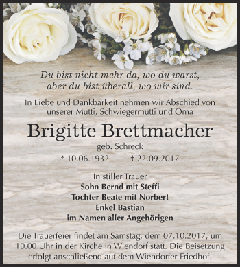 Traueranzeige von Brigitte Brettmacher von Super Sonntag Bernburg