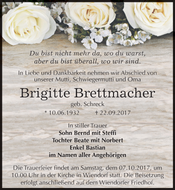 Traueranzeige von Brigitte Brettmacher von Mitteldeutsche Zeitung Bernburg