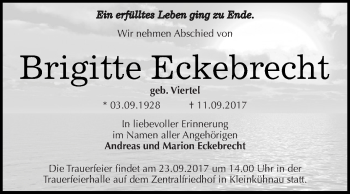 Traueranzeige von Brigitte Eckebrecht von WVG - Wochenspiegel Dessau / Köthen