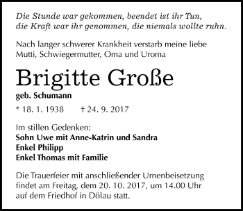 Traueranzeige von Brigitte Große von Mitteldeutsche Zeitung Halle/Saalkreis