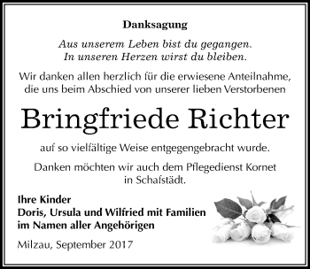 Traueranzeige von Bringfriede Richter von Mitteldeutsche Zeitung Merseburg/Querfurt