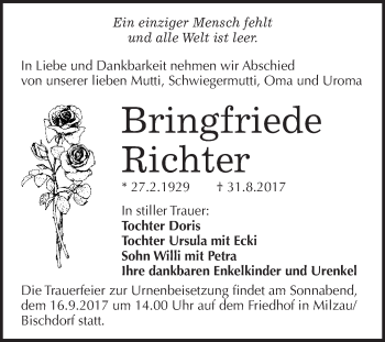 Traueranzeige von Bringfriede Richter von WVG - Wochenspiegel Merseburg