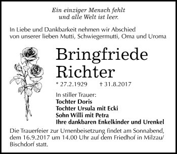 Traueranzeige von Bringfriede Richter von Mitteldeutsche Zeitung Merseburg/Querfurt