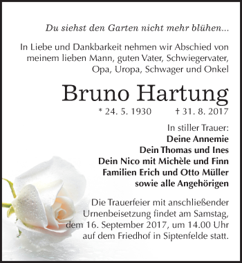 Traueranzeige von Bruno Hartung von Mitteldeutsche Zeitung Quedlinburg