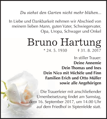 Traueranzeige von Bruno Hartung von WVG - Wochenspiegel Quedlinburg