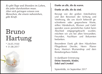 Traueranzeige von Bruno Hartung von WVG - Wochenspiegel Quedlinburg