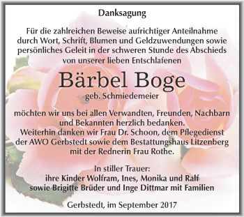 Traueranzeige von Bärbel Boge von Super Sonntag SGH Mansf. Land