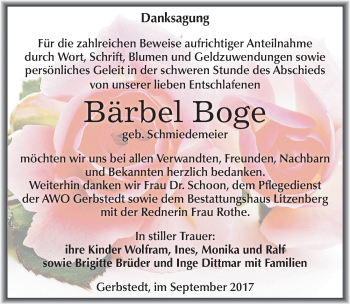Traueranzeige von Bärbel Boge von Mitteldeutsche Zeitung Mansfelder Land