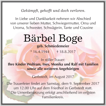 Traueranzeige von Bärbel Boge von Super Sonntag SGH Mansf. Land