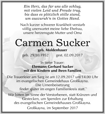 Traueranzeige von Carmen Sucker von Mitteldeutsche Zeitung Merseburg/Querfurt