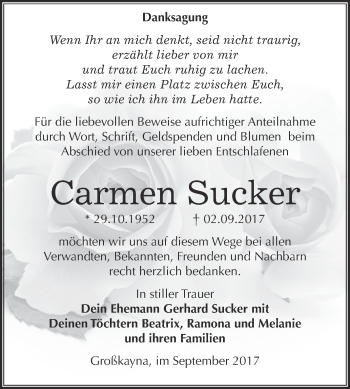 Traueranzeige von Carmen Sucker von Super Sonntag Merseburg