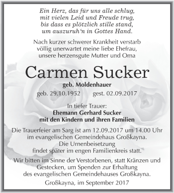 Traueranzeige von Carmen Sucker von Super Sonntag Merseburg