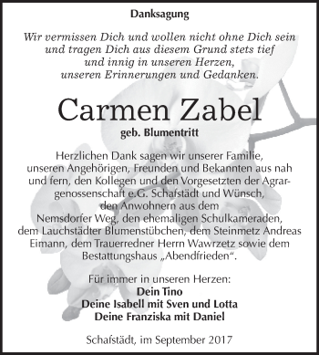 Traueranzeige von Carmen Zaber von WVG - Wochenspiegel Merseburg