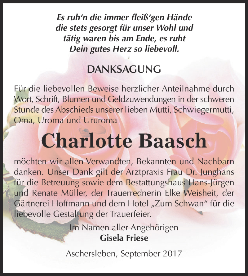  Traueranzeige für Charlotte Baasch vom 23.09.2017 aus Super Sonntag Aschersleben
