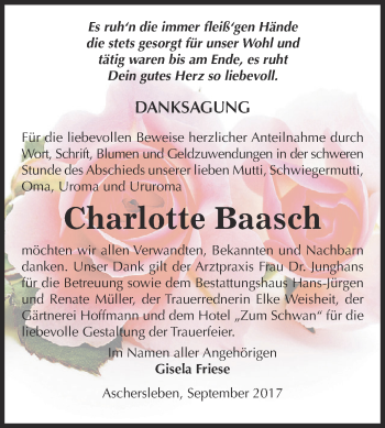 Traueranzeige von Charlotte Baasch von Super Sonntag Aschersleben